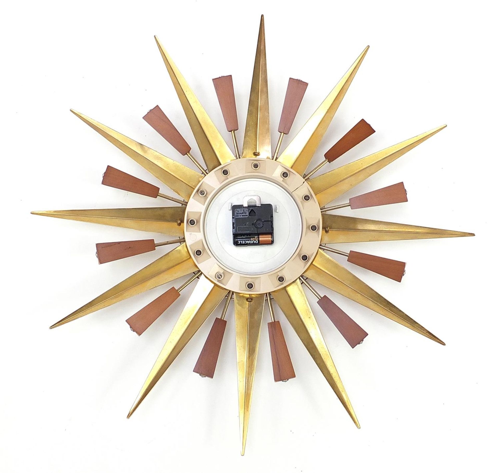 Vintage Metamec teak and brass sunburst design wall clock, 60cm in diameter - Image 2 of 2
