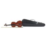 Old wooden violin with one piece back, bow impressed W Dollenz Leipzig and wooden case, the violin