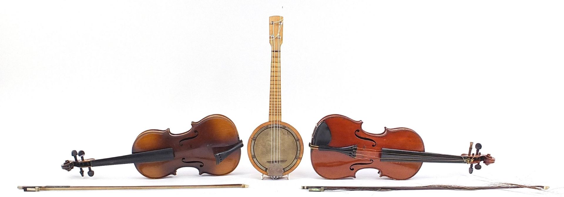 Two old wooden violins with bows and fitted cases and a Marseille banjolele - Image 2 of 5