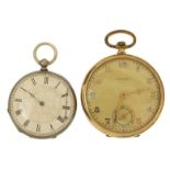 Ladies silver open face pocket watch and a Tempo gold plated open face pocket watch, 46mm and 38mm