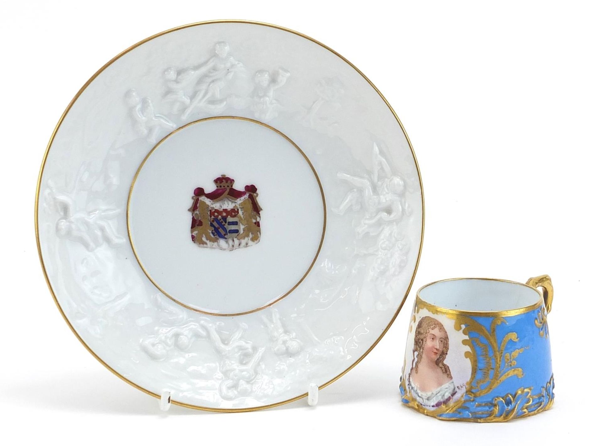 Sevres porcelain cup decorated with a portrait of a female, signed Ray and a Naples porcelain dish