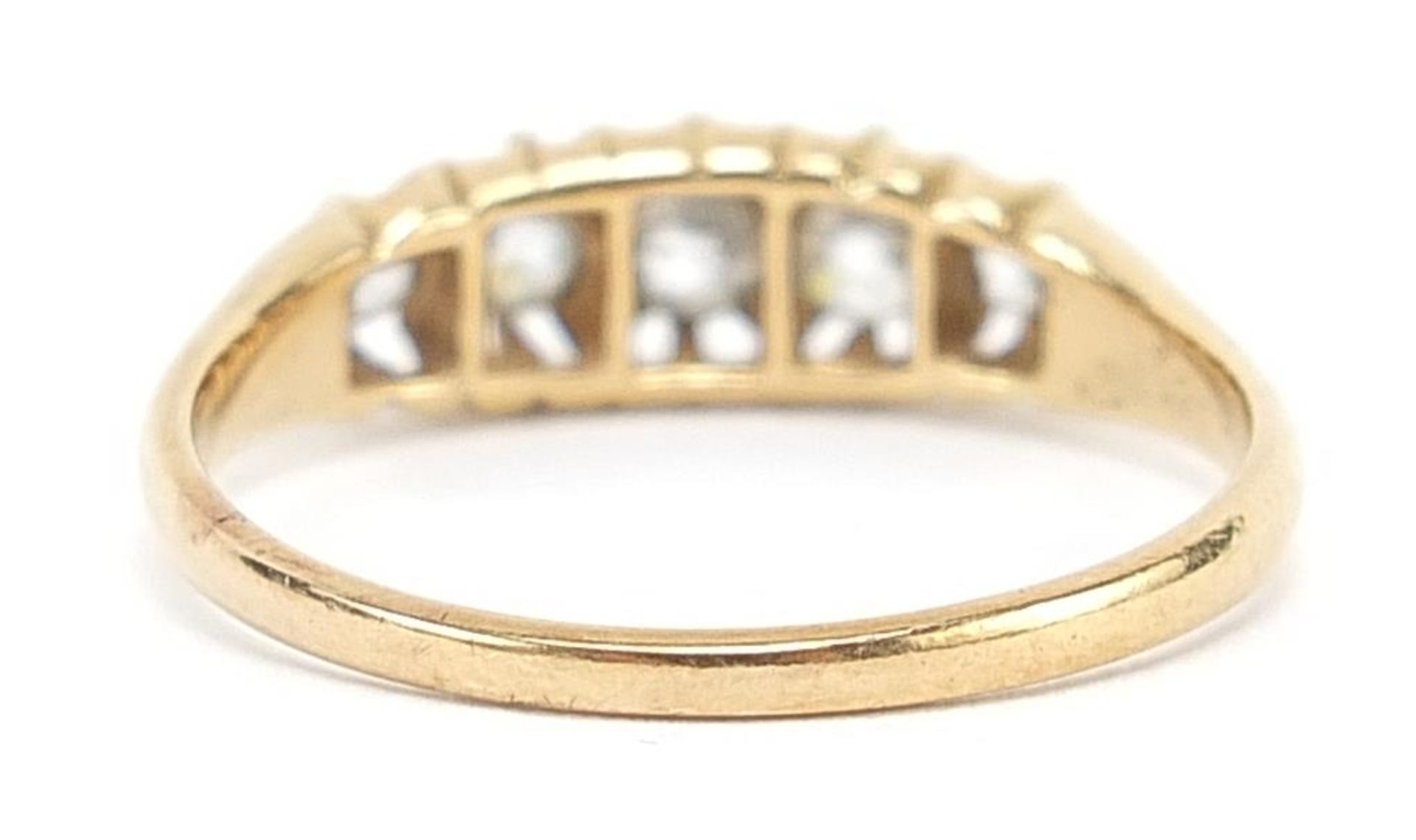 18ct gold diamond five stone ring, the largest diamond approximately 3.5mm in diameter, size R, 3.1g - Image 2 of 3