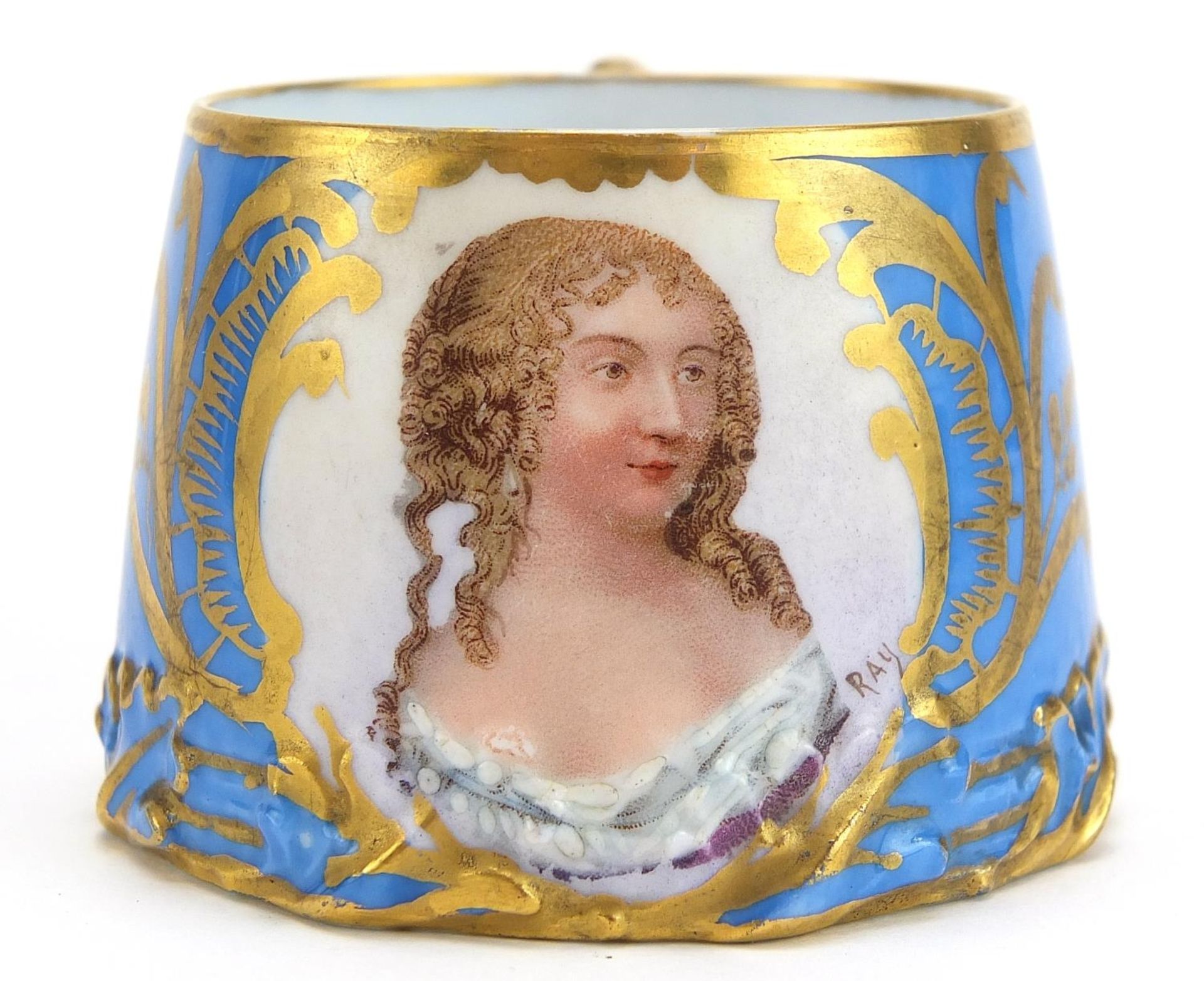Sevres porcelain cup decorated with a portrait of a female, signed Ray and a Naples porcelain dish - Bild 4 aus 4