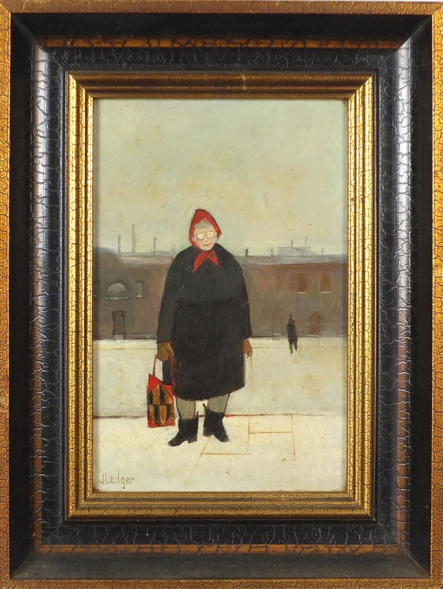 Janet Ledger - Woman with stitched bag, Modern British oil on board, inscribed verso, mounted and - Image 2 of 5