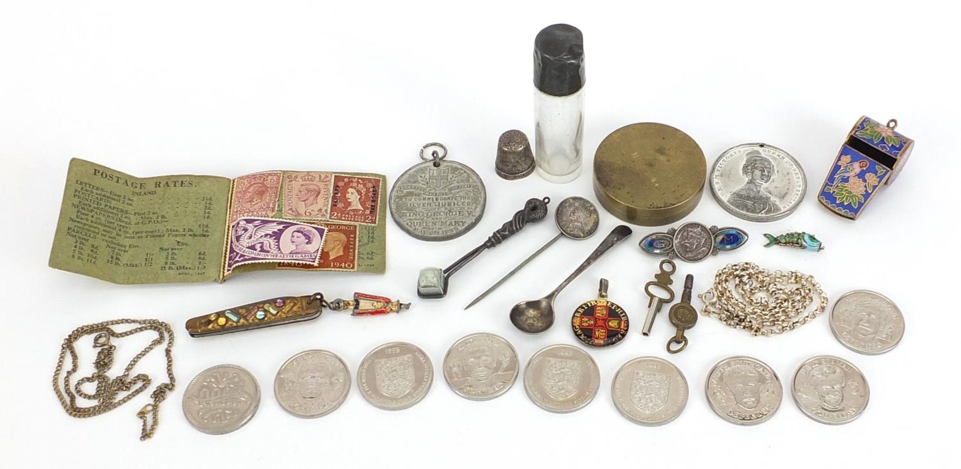 Objects including silver thimble, silver and enamel commemorative brooch, cloisonne whistle and