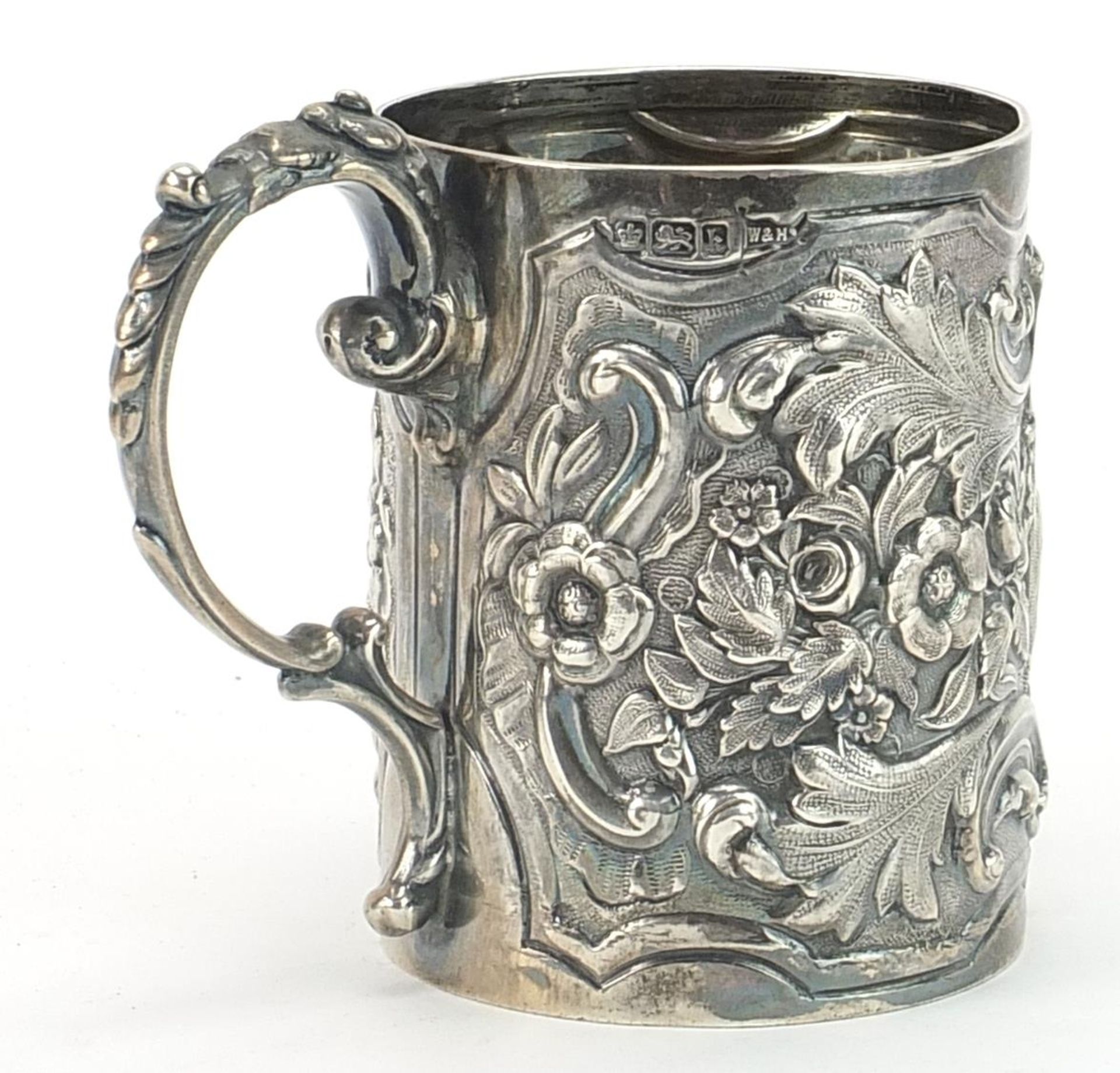 Walker & Hall, Edwardian silver christening tankard profusely embossed with flowers and foliage, - Image 2 of 4