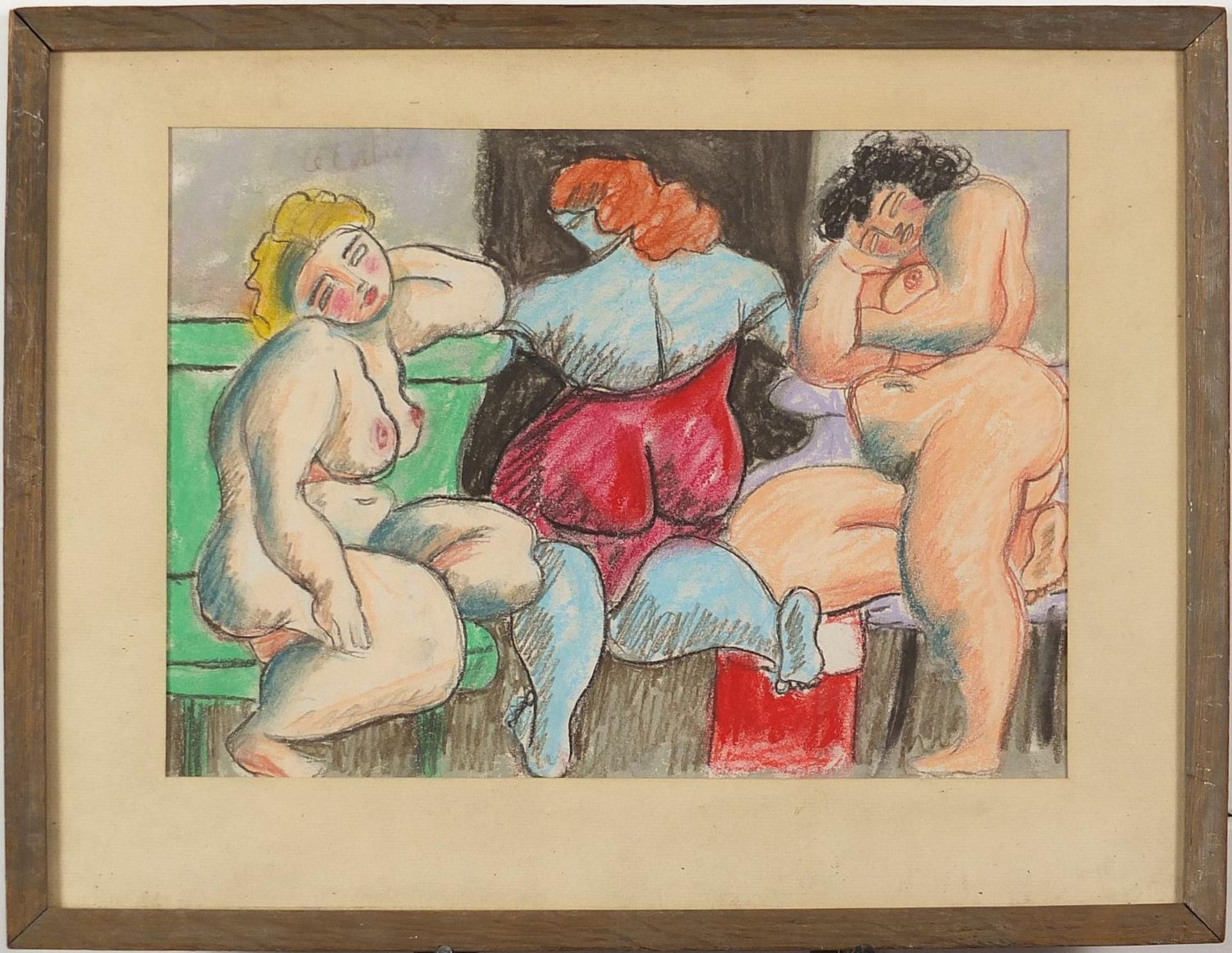 Three nude females, French school mixed media on paper, indistinctly inscribed in pencil verso, - Bild 2 aus 5