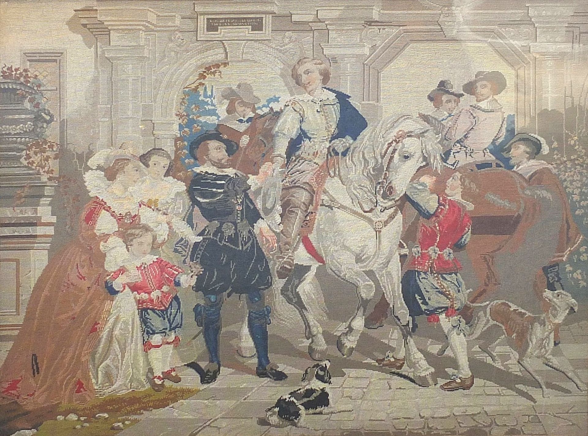 19th century Berlin wool work tapestry depicting 17th century figures, housed in an ornate gilt - Bild 2 aus 3