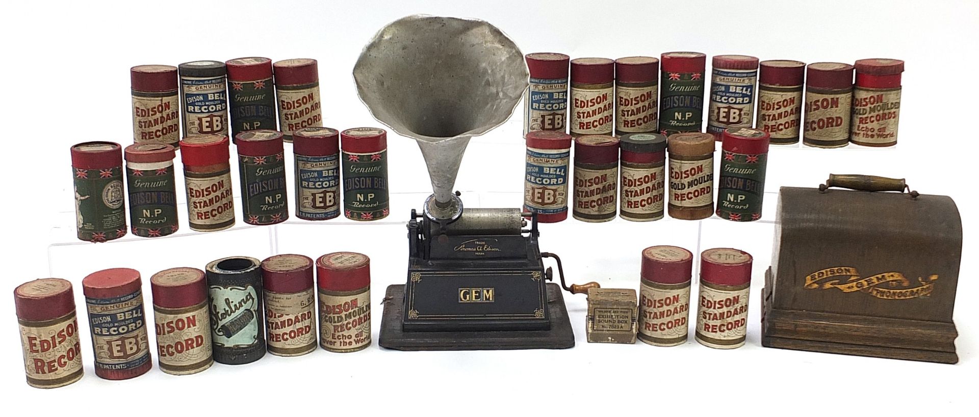 Thomas Edison oak cased phonograph with a collection of Edison records in boxes