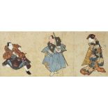 Warriors and female wearing a kimono, Japanese textile and collage, mounted, framed and glazed, 44cm