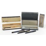 Pens and pencils including Parker 65 with 14k gold nib, Parker Lady and Watermans