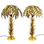 Pair of Hollywood regency style gilt metal table lamps in the form of palm trees, each 75cm high