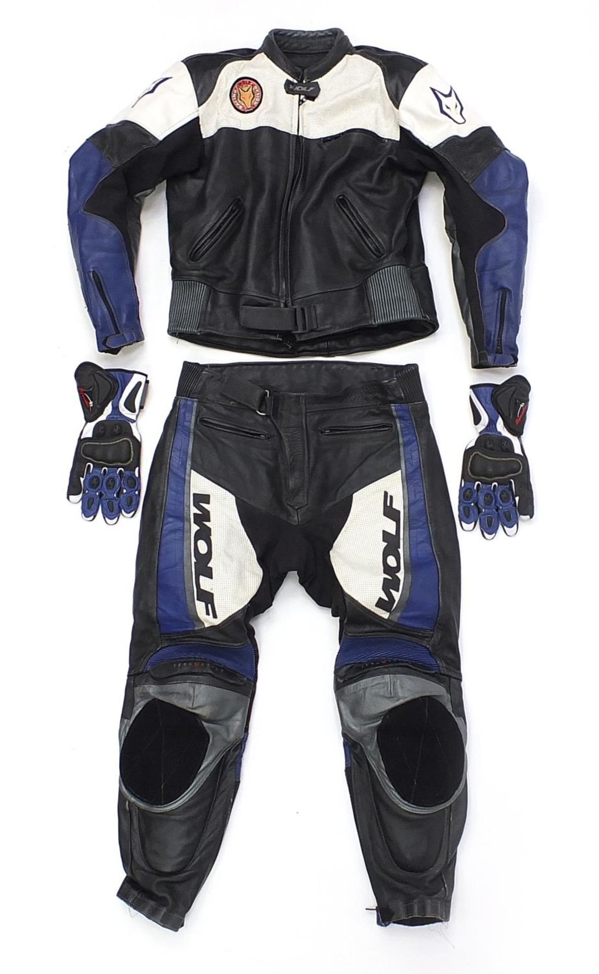 Wolf, Spirit of the Wild two piece motorcycle leathers and a pair of Spada gloves, the jacket size