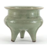Chinese porcelain tripod incense burner having a celadon glaze, 13cm high x 15.5cm in diameter