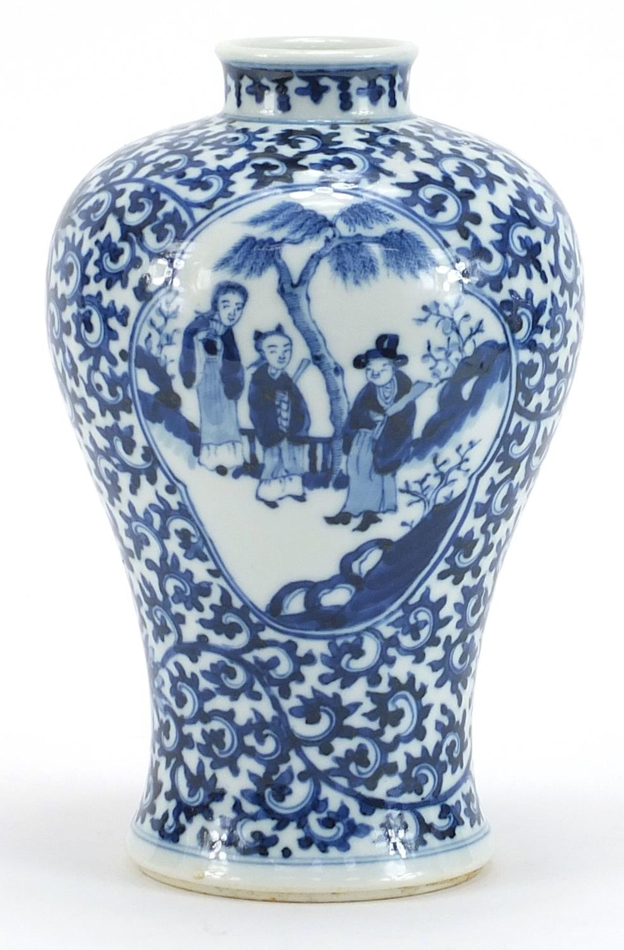 Chinese blue and white porcelain baluster vase hand painted with panels of figures onto a floral