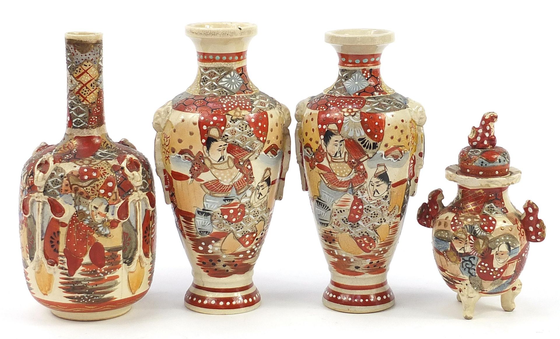 Japanese Satsuma pottery including a pair of vases and koro with cover, the largest 24.5cm high - Bild 2 aus 3