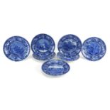 Seven American interest War of Independence blue and white plates including Molly Pitcher at