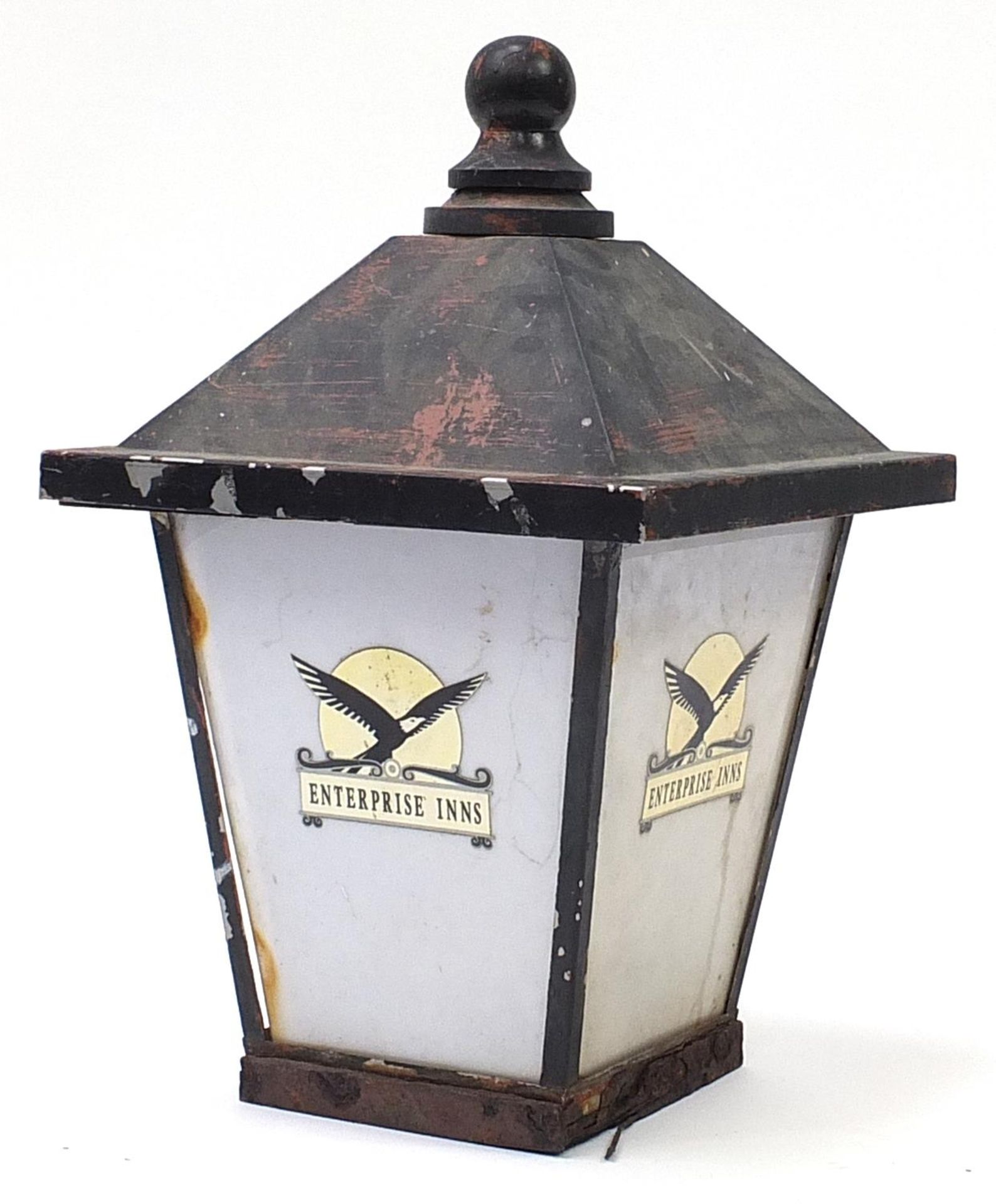 Vintage black painted metal Enterprise Inns advertising street lantern, 68cm high