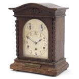 Masonic interest Edwardian oak cased Westminster chime mantle clock, striking with four rods, with