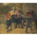 G Appert - Three Musketeers seated at a table with birds, French school oil on canvas, mounted,