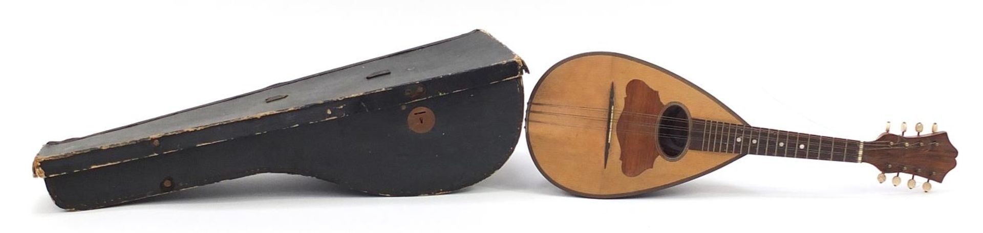 Inlaid rosewood melon shaped mandolin with protective carry case, Pietro Tonelli label to the