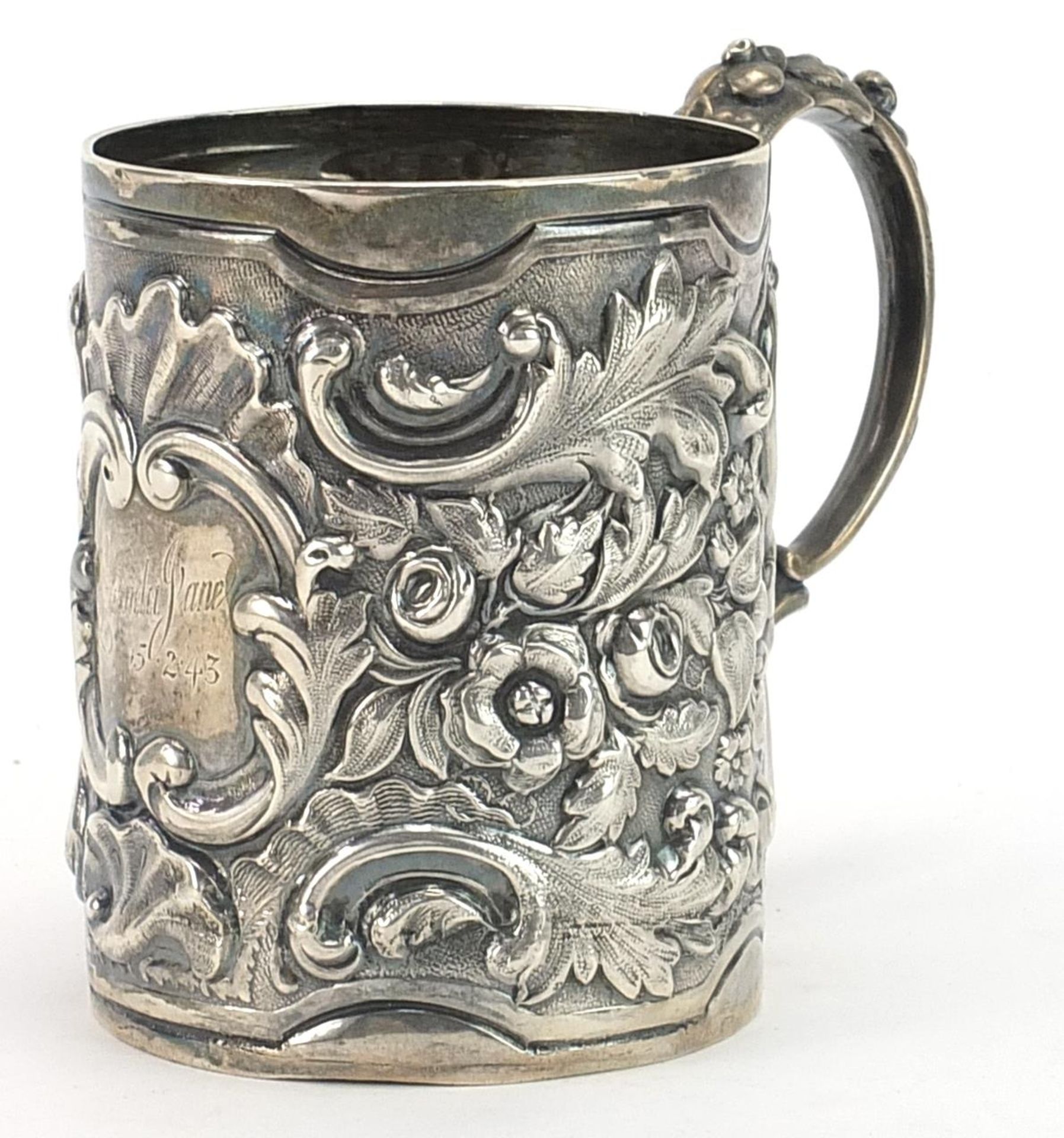 Walker & Hall, Edwardian silver christening tankard profusely embossed with flowers and foliage,