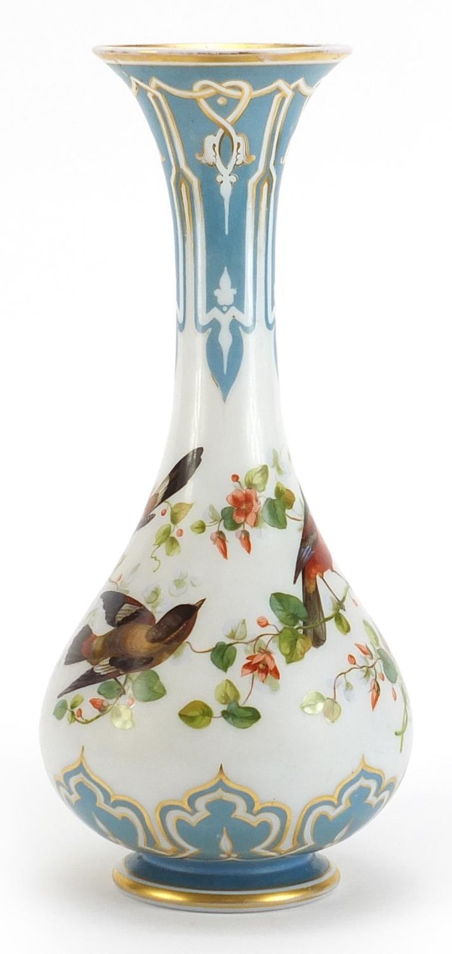 19th century opaline glass vase hand painted with birds amongst flowers, 40cm high - Image 2 of 3