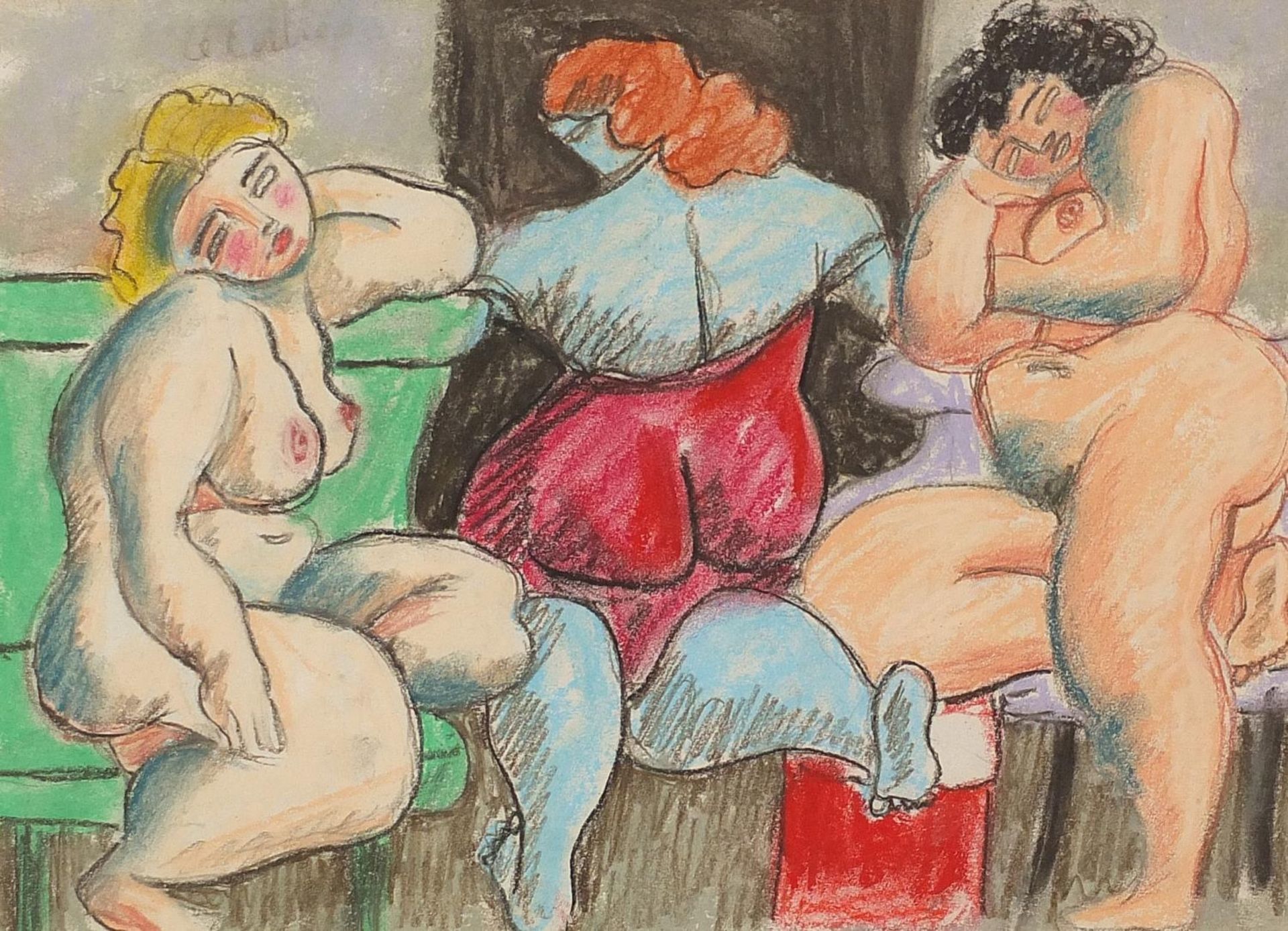 Three nude females, French school mixed media on paper, indistinctly inscribed in pencil verso,