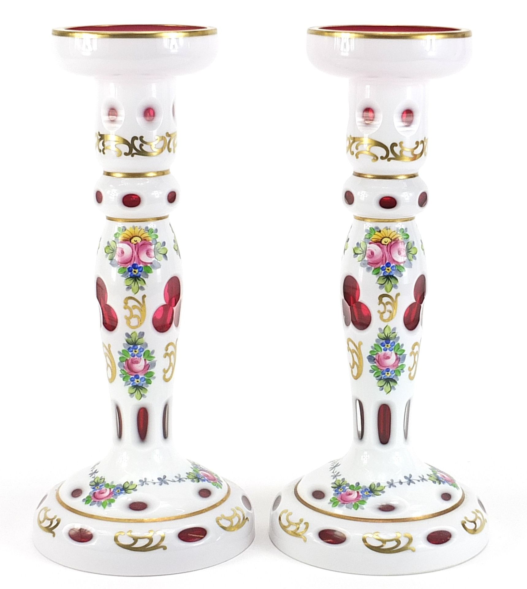 Attributed to Moser, pair of Bohemian white overlaid cranberry glass candle holders, hand painted - Image 2 of 3