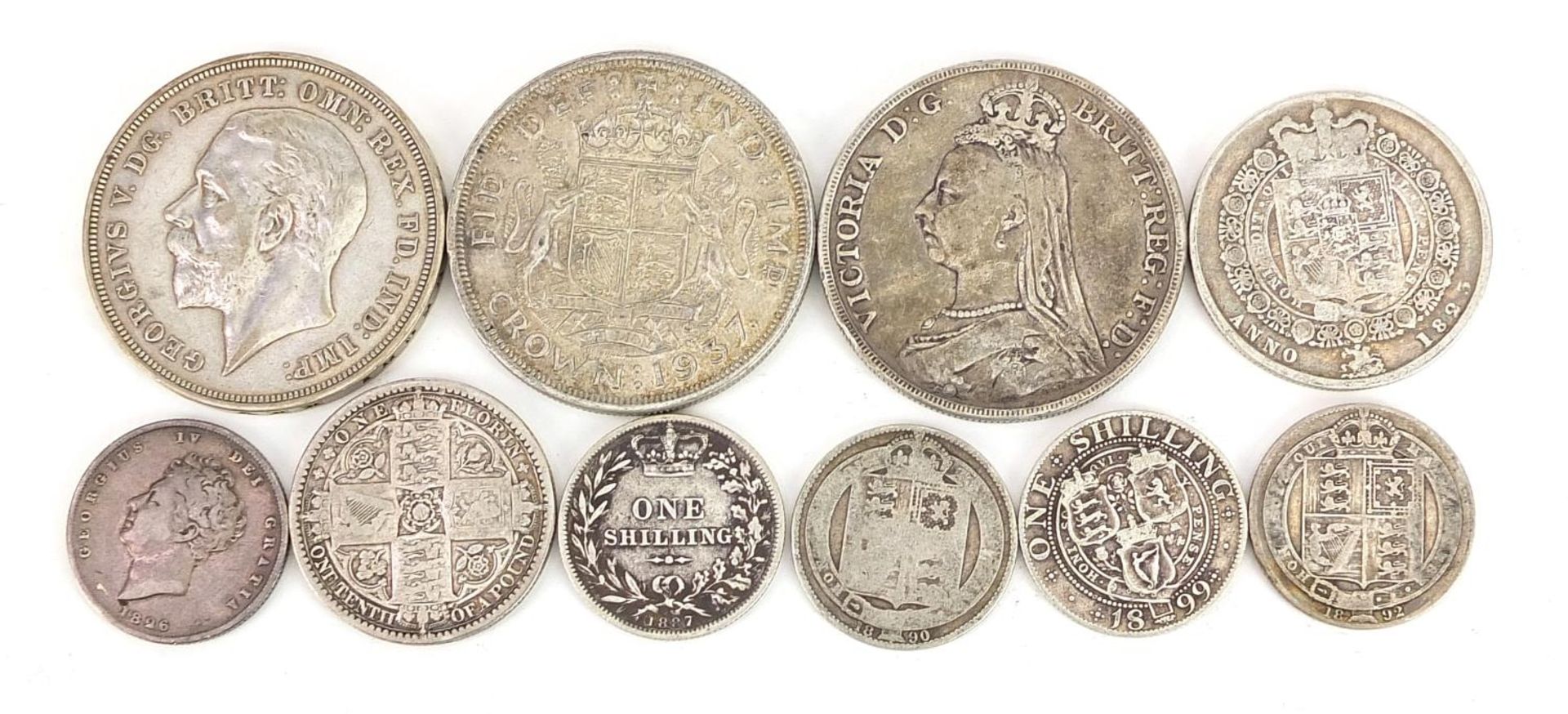 William IV and later British coinage including 1888 crown, Gothic florin and George IV 1826