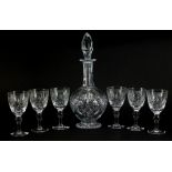 Thomas Webb St Andrew's pattern wine decanter with six claret glasses, 32.5cm high