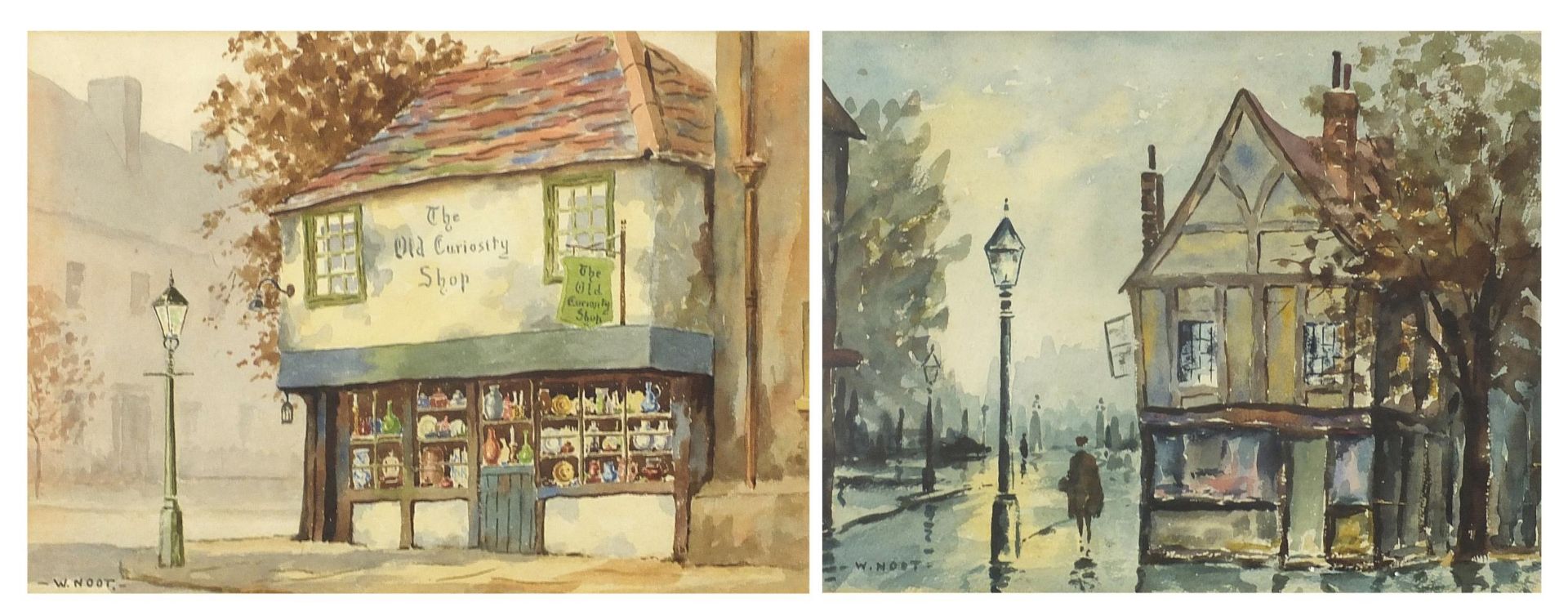 W Noot - The Old Curiosity Shop and Street scene with figures, pair of watercolours, mounted, framed