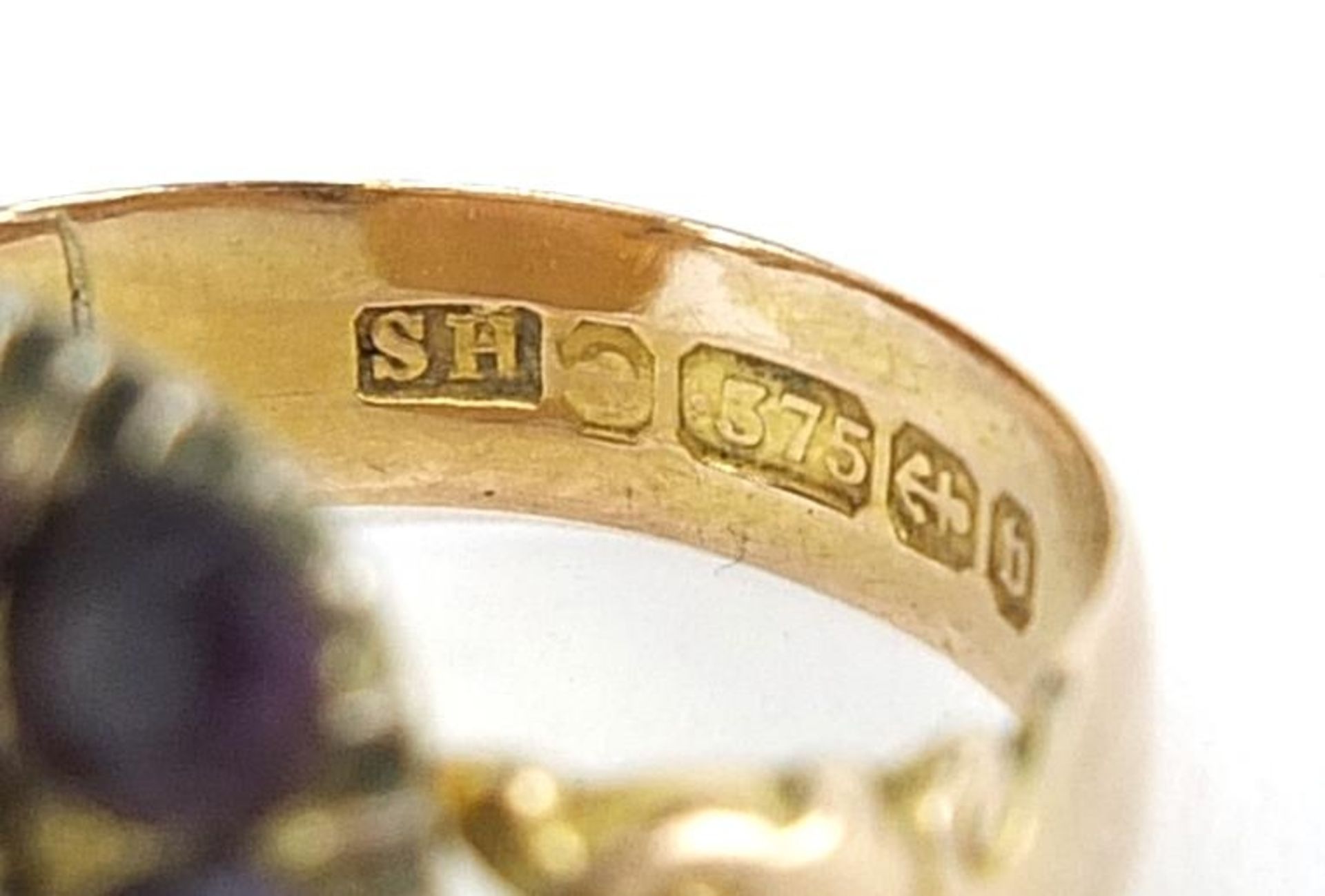 Antique gold, amethyst and seed pearl cluster ring, the shank marked 9ct gold Birmingham 1895, - Image 3 of 3