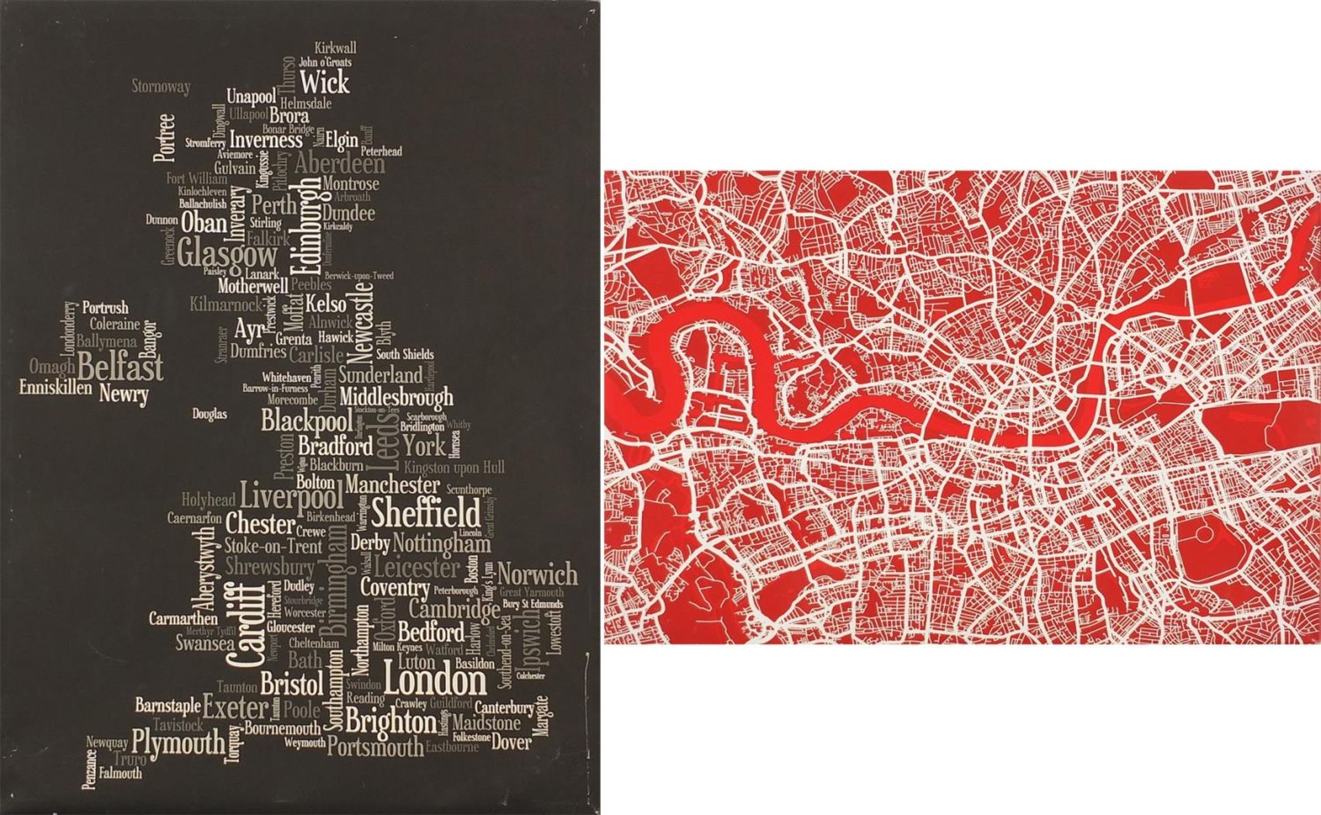 Map of London and map of the UK with city names, two canvas prints, unframed, the largest 102cm x