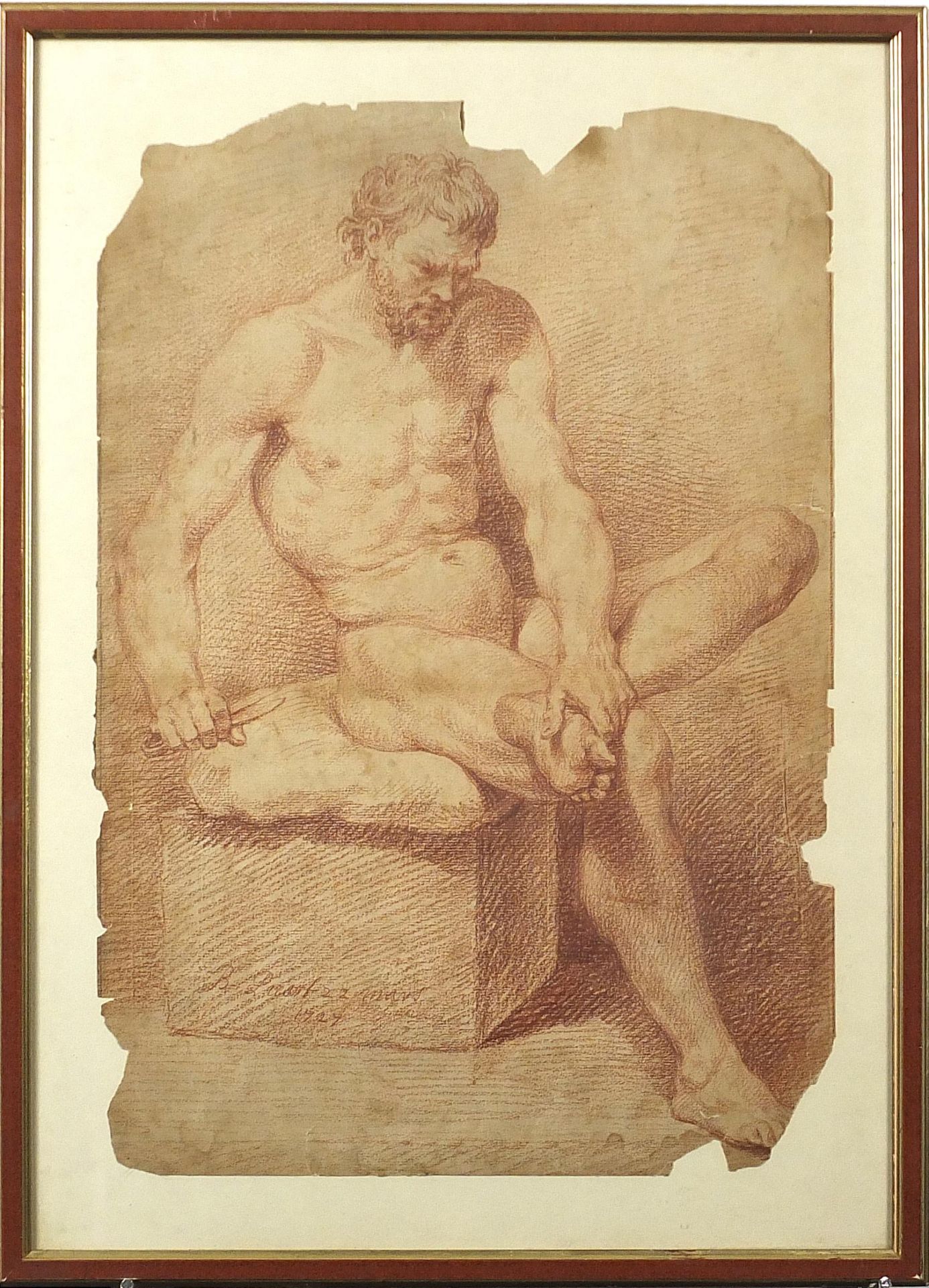 Full length portrait of a nude gentleman removing a thorn from his foot, antique 18th century Old - Bild 2 aus 4