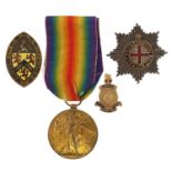 British military World War I Victory medal and three badges including Order of the Garter, the