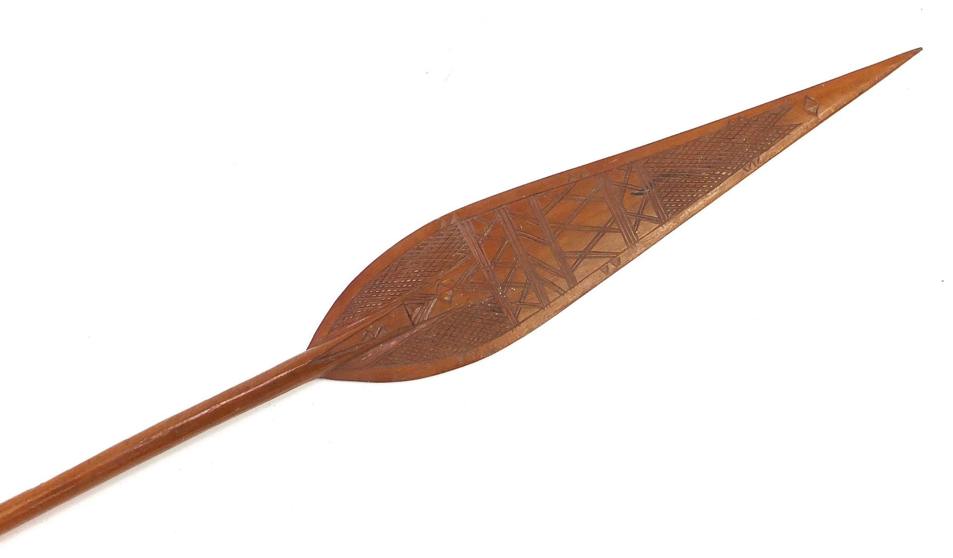 African tribal interest Duala canoe paddle from Cameroon carved with geometric motifs, 155.5cm in