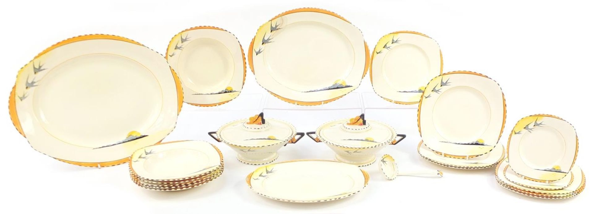 Art Deco Burleigh Ware Sun Ray dinner ware, reg shape 772000, including meat platter and lidded