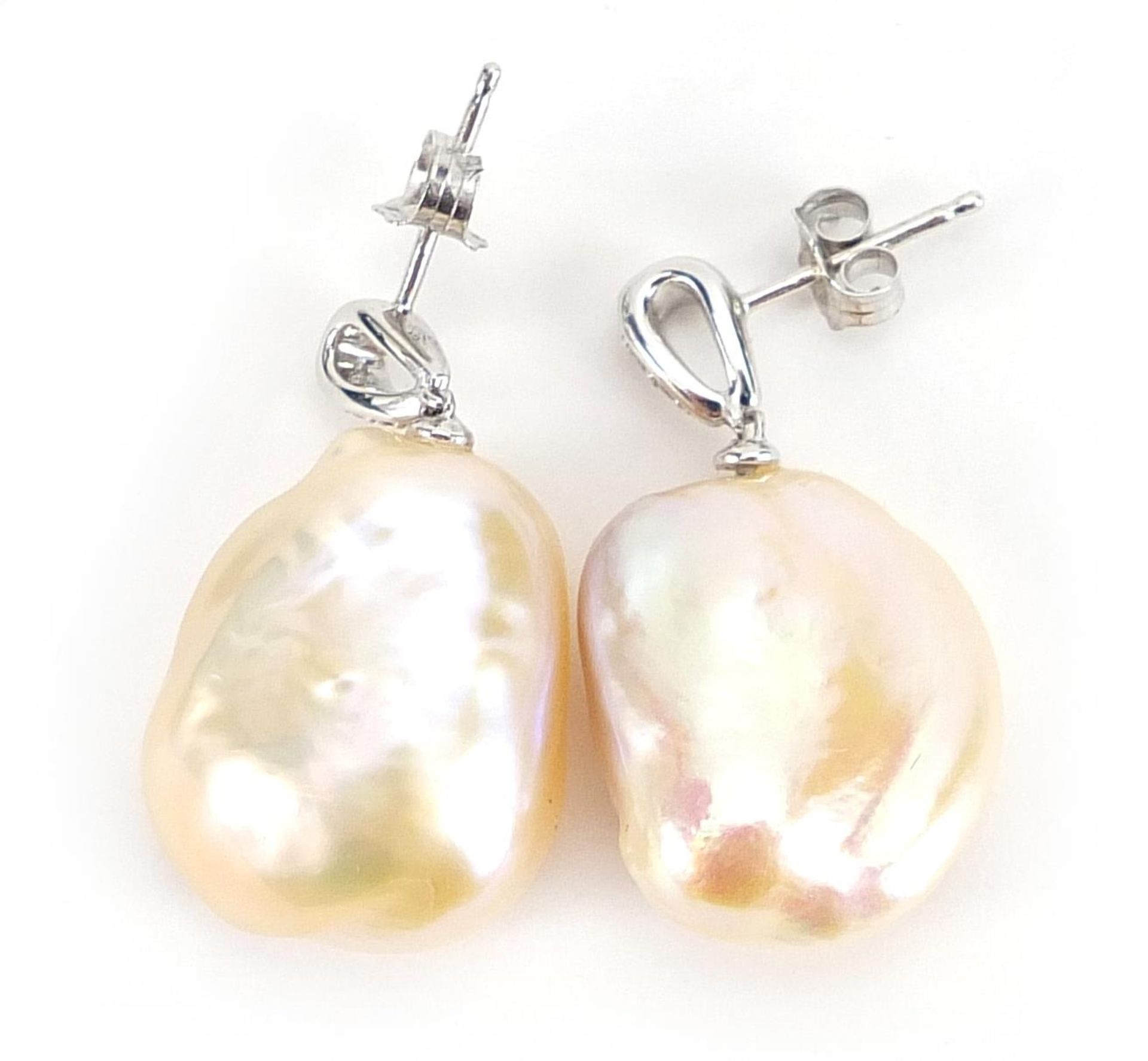 Pair of 9ct white gold baroque pearl and diamond drop earrings, 2.8cm high, 9.2g - Image 2 of 4