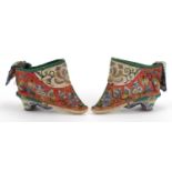 Pair of Chinese silk lotus shoes embroidered with flowers, each 11cm in length