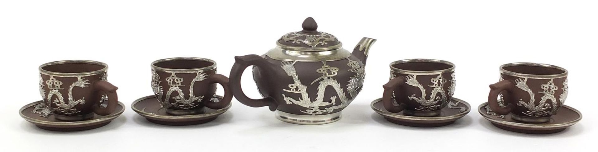 Chinese Yixing terracotta four place tea service with pewter dragon design overlay, various - Image 4 of 7