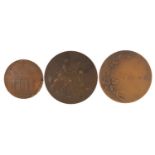 Three French patinated bronze medals including 1900 French Exposition by Auguste Patey and one other