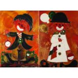 Clowns holding pocket watches, pair of mixed medias, each indistinctly signed, framed, each 49cm x