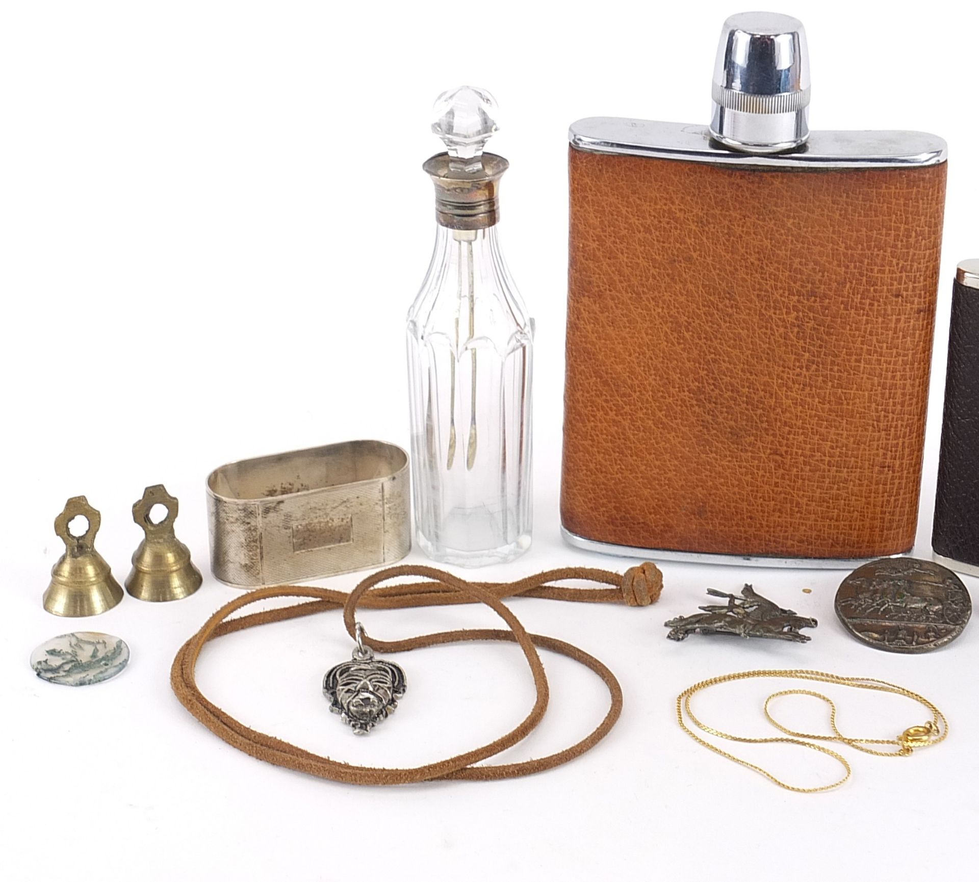 Objects including silver napkin ring, silver mounted scent bottle and hip flasks, the largest 15cm - Image 2 of 3