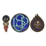 Three vintage badges/jewels comprising large circular silver and enamel example, Golden Shred and