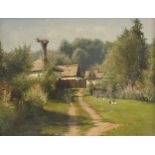 Village scene with chickens, Ukrainian oil on canvas, indistinctly signed and inscribed verso,