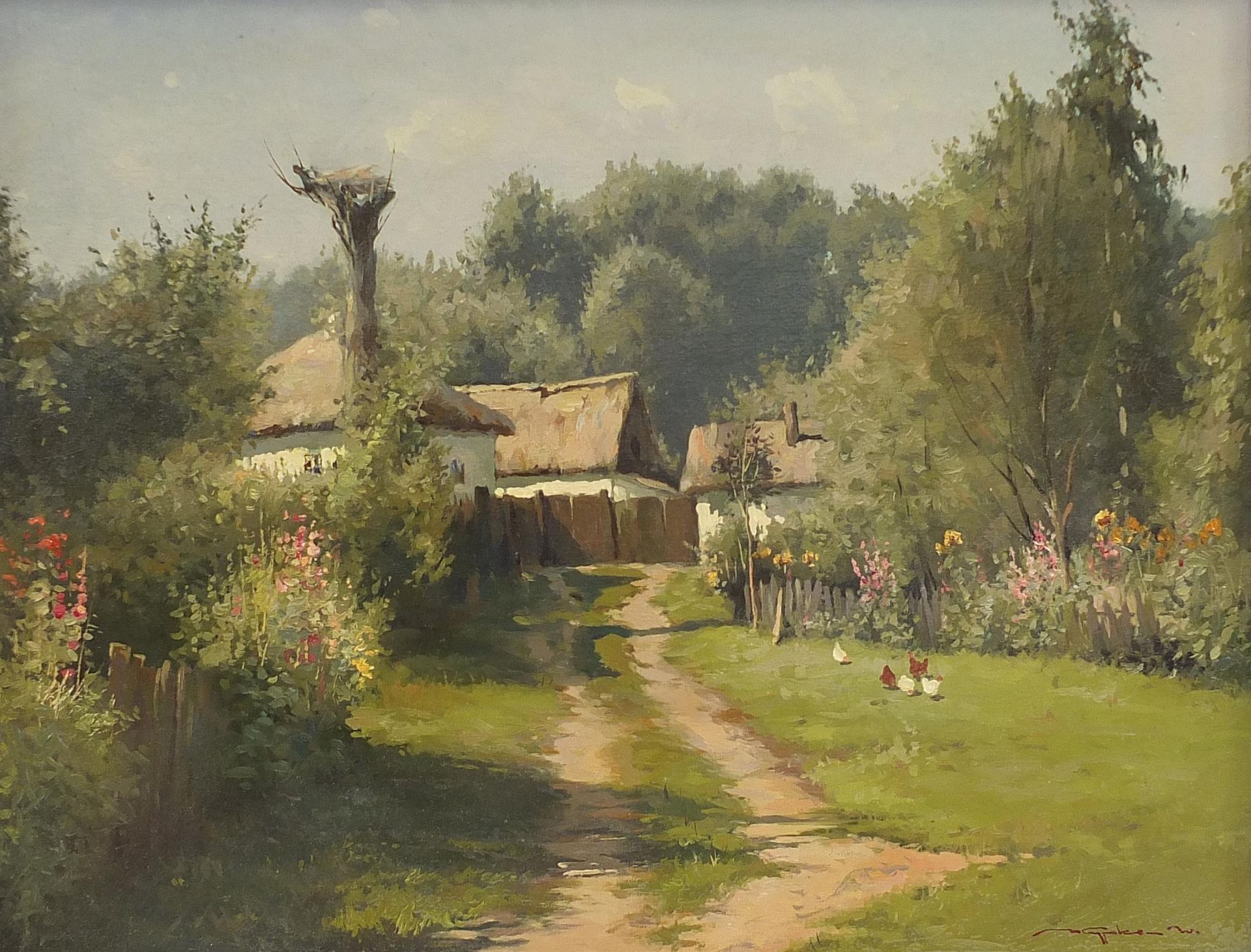 Village scene with chickens, Ukrainian oil on canvas, indistinctly signed and inscribed verso,