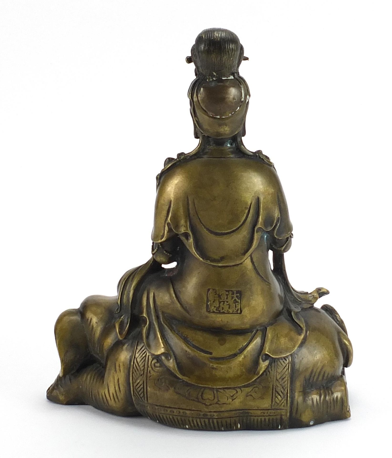 Chinese patinated bronze study of Guanyin seated on an elephant, 29.5cm high - Image 2 of 5