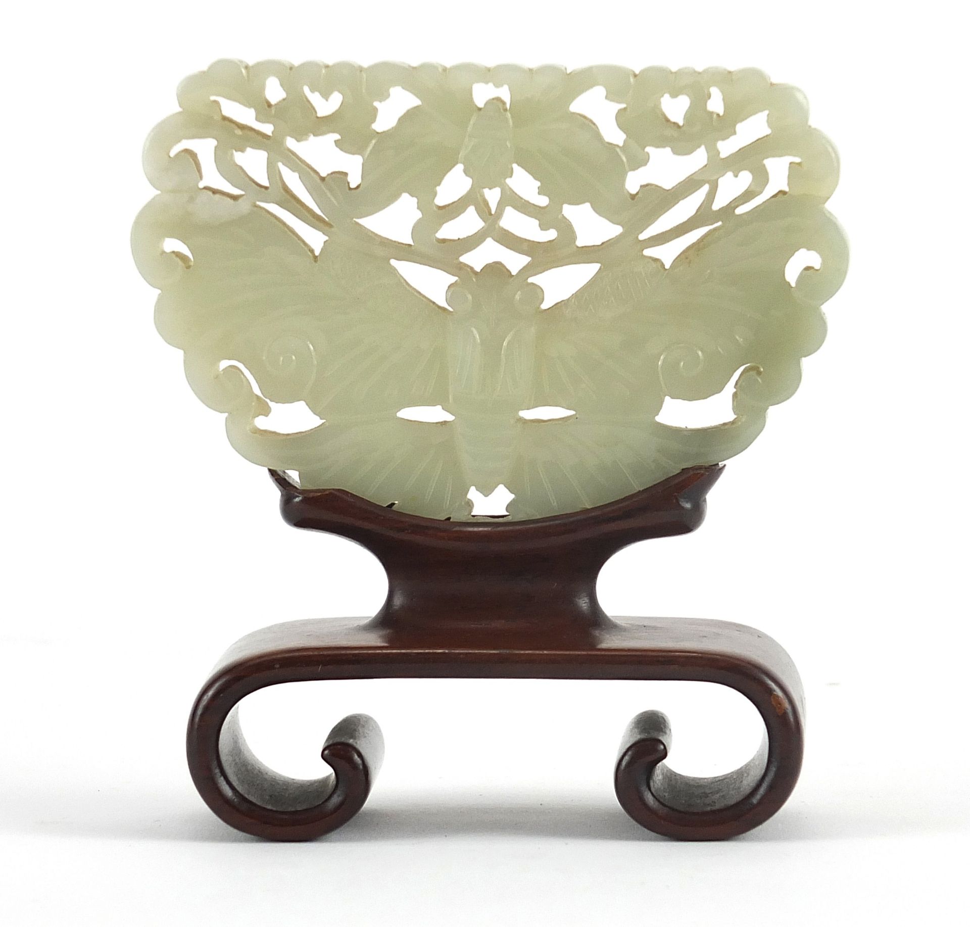 Chinese celadon and russet jade panel carved with two butterflies raised on carved hardwood stand, - Image 3 of 8