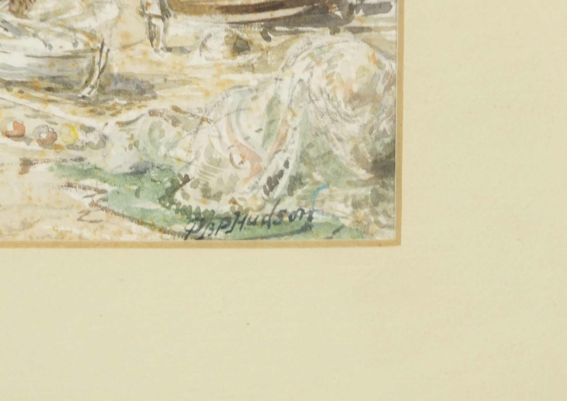 Moored fishing boats, Hastings, watercolour, indistinctly signed, possibly P.. Hudson?, mounted, - Image 3 of 4